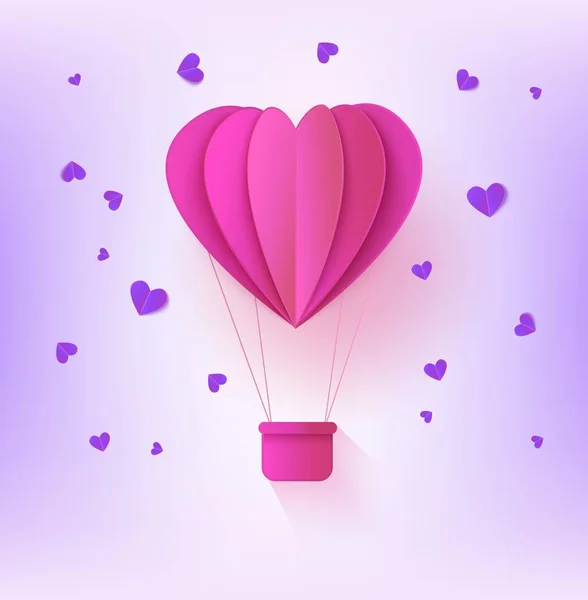 Roze gevouwen papieren hete luchtballon in de vorm van hart omgeven door kleine hart shapes op pastel violette achtergrond. — Stockvector