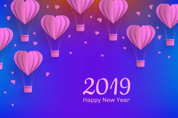 Papper konst stil banner med vikta kartong varmluftsballonger i form av hjärtan och hälsning tecken för 2019 Happy New Year. — Stock vektor