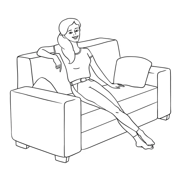 Векторний ескіз молода жінка сидить на дивані відпочиває — стоковий вектор
