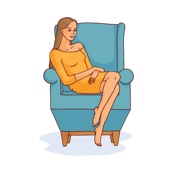 Esbozo vectorial mujer sentada en el sillón descansando — Vector de stock