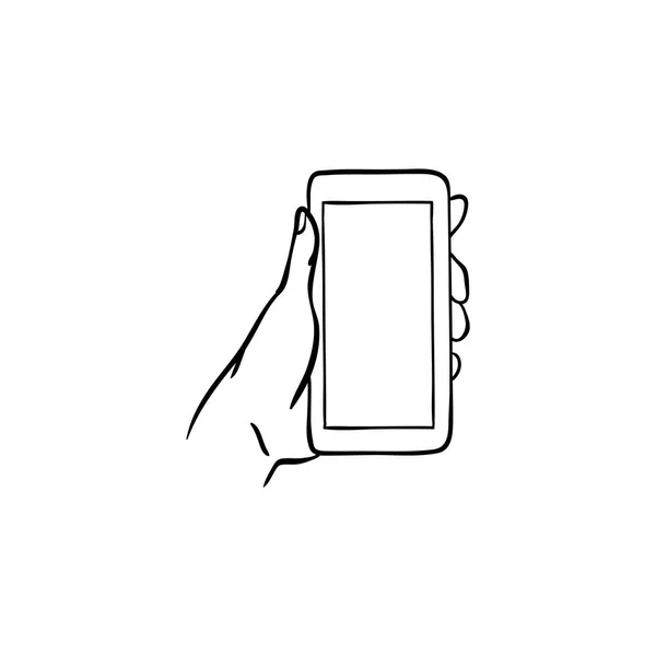 Smartphone de mano con pantalla táctil en blanco en estilo de boceto aislado sobre fondo blanco . — Vector de stock