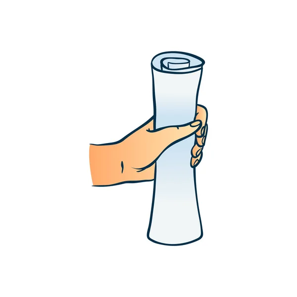 Hand met scroll vel papier in schets stijl geïsoleerd op witte achtergrond. — Stockvector