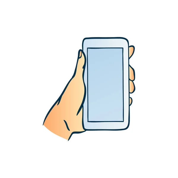 Рука тримає смартфон з порожнім сенсорним екраном в стилі ескізу ізольовано на білому тлі . — стоковий вектор
