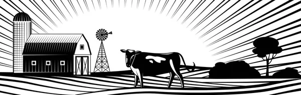 Фермерский амбар с ветряной мельницей и коровой на сельской местности с холмами и полями . — стоковый вектор