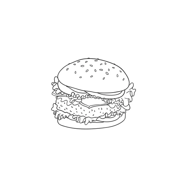 Big hamburger with beef, bun with sesame seeds and vegetables in sketch line style. — Stock Vector