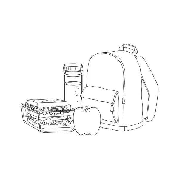 Backpack σχολείο και τρόφιμα για το μεσημεριανό διάλειμμα που απομονώνονται σε λευκό φόντο. — Διανυσματικό Αρχείο