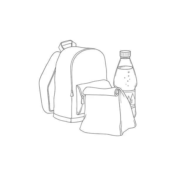 Sac à dos scolaire avec sac à lunch en papier et bouteille d'eau en style croquis isolé sur fond blanc . — Image vectorielle