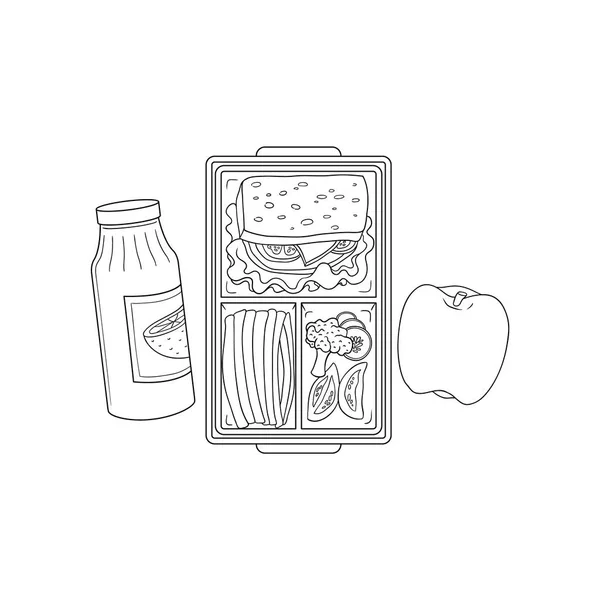 Lunchbox mit Schul- oder Arbeitsessen im Skizzenstil isoliert auf weißem Hintergrund. — Stockvektor