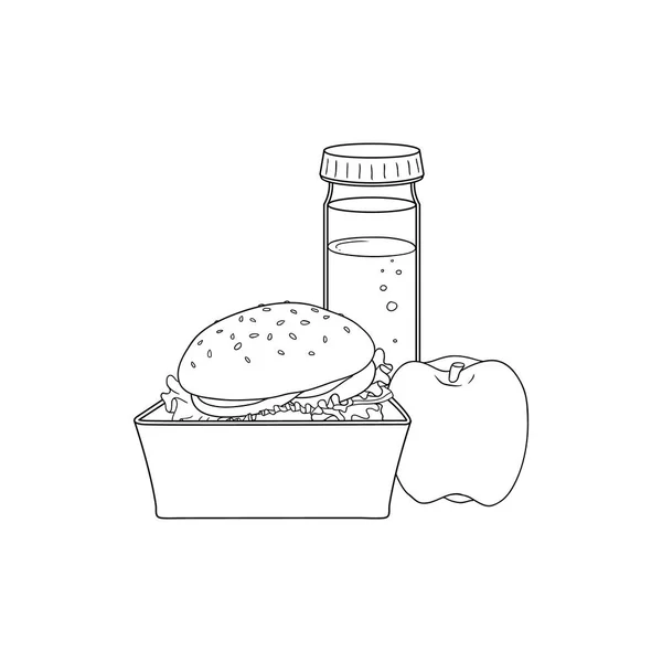 Lunch food box con hamburger, mela e bottiglia d'acqua isolata su fondo bianco . — Vettoriale Stock