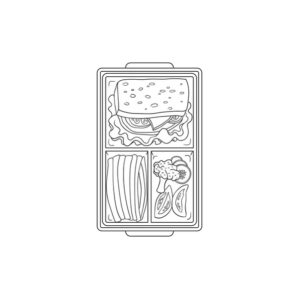 Lunchbox z żywności na obiad wewnątrz - kanapka i warzywa w plastikowym pojemniku — Wektor stockowy