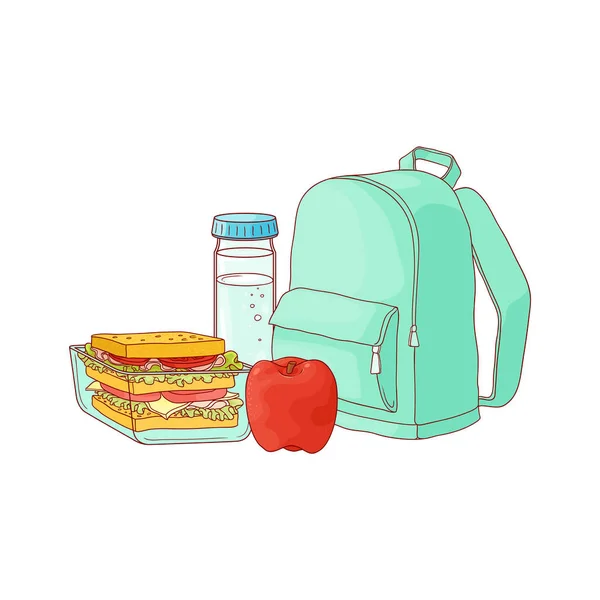 Mochila escolar y comida para el almuerzo - sándwich en recipiente de plástico, manzana roja y botella de agua . — Vector de stock