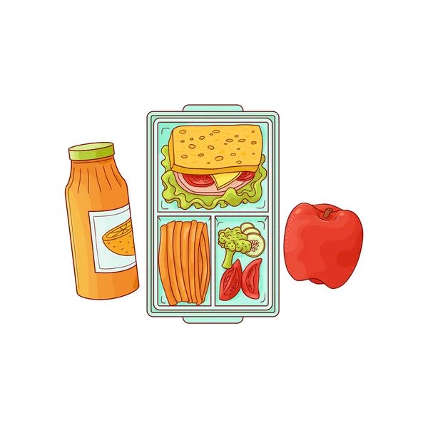 Lunchbox with school lunch - sandwich with vegetables in plastic container and apple with orange juice. — Stock Vector