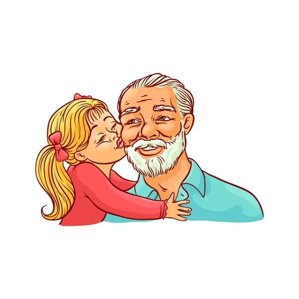 Kid girl beija seu avô na bochecha isolada no fundo branco . —  Vetores de Stock