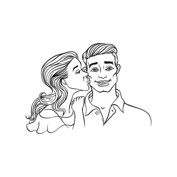 Jong meisje kussen kerel op Wang geïsoleerd op een witte achtergrond. Romantische hand getekend kleurrijke vectorillustratie. — Stockvector