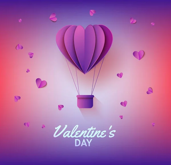 Heart shaped hot air balloon in paper art on gradient background for Valentines Day greeting card. — Stock Vector