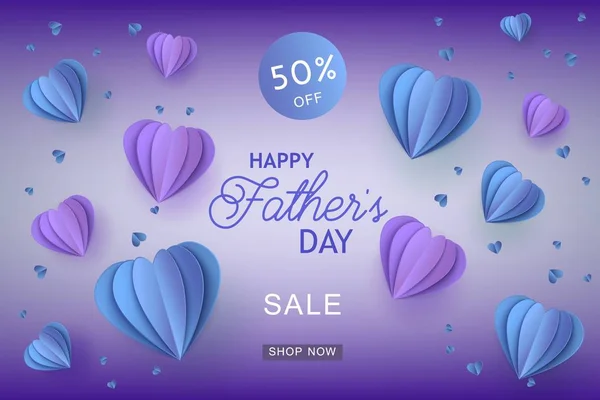 Blauw en violet hart vormen in papier art en teken op verloop achtergrond voor vaders dag speciale bieden banner. — Stockvector