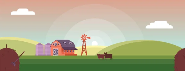 Landsbygden skyline med solnedgång eller soluppgång - jordbruks horisontell banderoll eller sidhuvud. — Stock vektor
