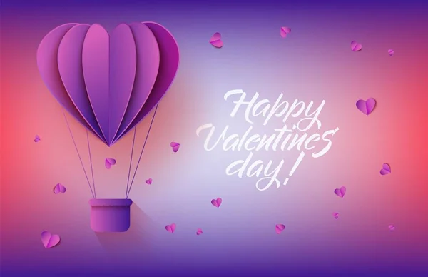 Αερόστατο ζεστού αέρα στην τέχνη χαρτί σε κλίση φόντο με το σύμβολο για την ημέρα του Αγίου Βαλεντίνου ευχετήριες κάρτες σε σχήμα καρδιάς. — Διανυσματικό Αρχείο