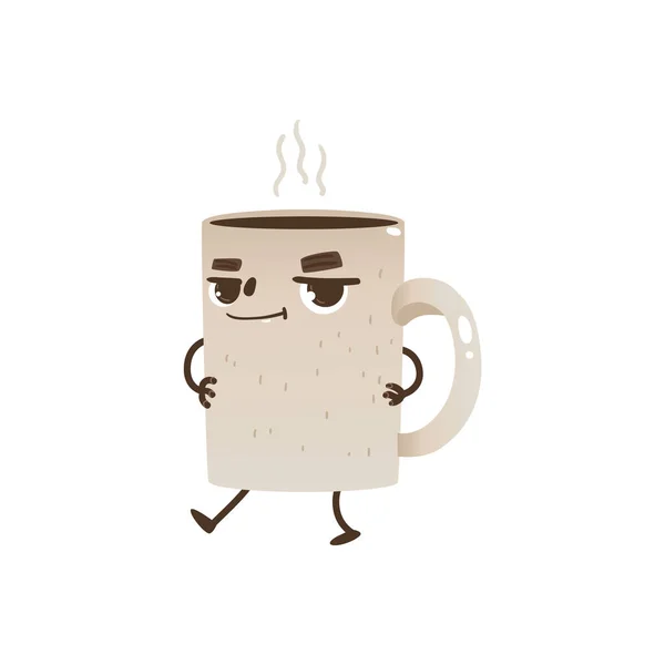 Café o taza de té personaje de dibujos animados bailando y sonriendo - taza alegre con bebida caliente y vapor . — Vector de stock