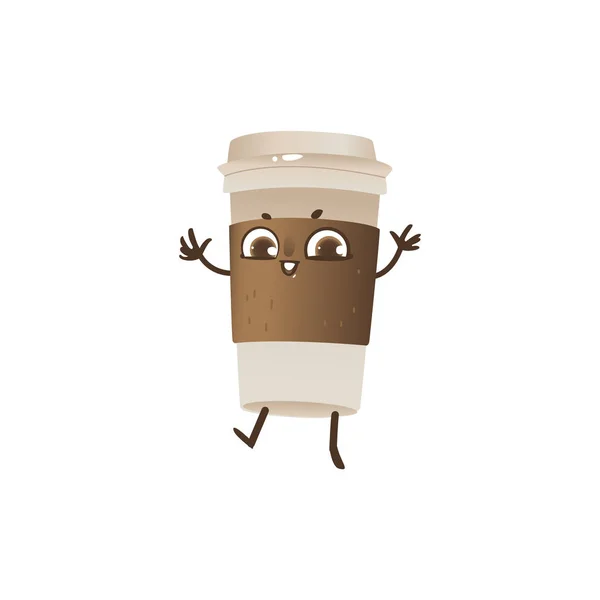 Takeaway copo de plástico de café personagem dos desenhos animados dançando e sorrindo isolado no fundo branco . — Vetor de Stock