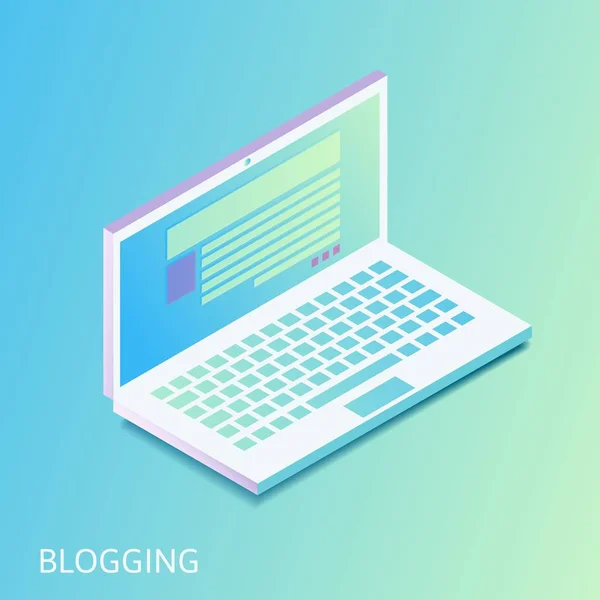 Isometric gradiented laptop - membuka situs web dengan posting blog atau artikel berita di layar komputer notebook . - Stok Vektor