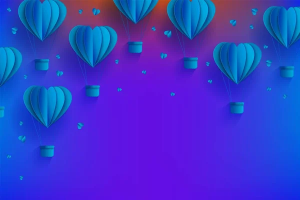 Heart shaped blue hot air balloons in trendy paper art style on gradient background — Stock Vector