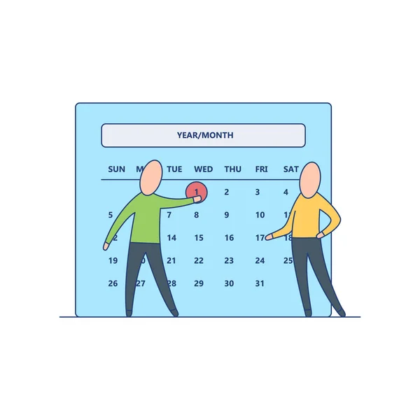 Concept de gestion du temps et de planification - caractères de dessin animé plat marquant la date avec la couleur rouge sur le grand calendrier . — Image vectorielle