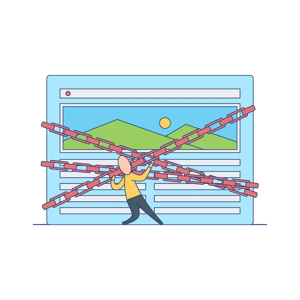 Prohibido concepto de sitio web con dibujos animados plana persona masculina tratando de eliminar las cadenas alrededor de la página web bloqueada . — Vector de stock