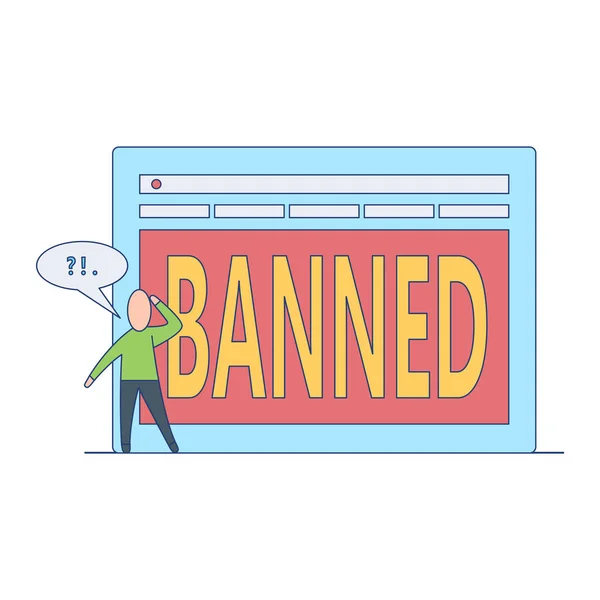 Tilos a weboldal koncepció lapos rajzfilm személy által blokkolt weblap zavarban. — Stock Vector