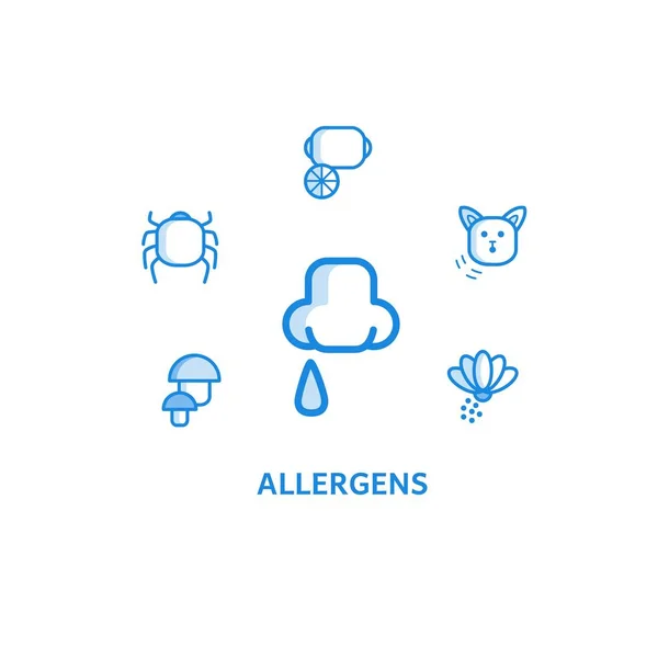 Алергія контур іконки, встановлені з нежить і різні алергени навколо нього ізольовані на білому тлі . — стоковий вектор