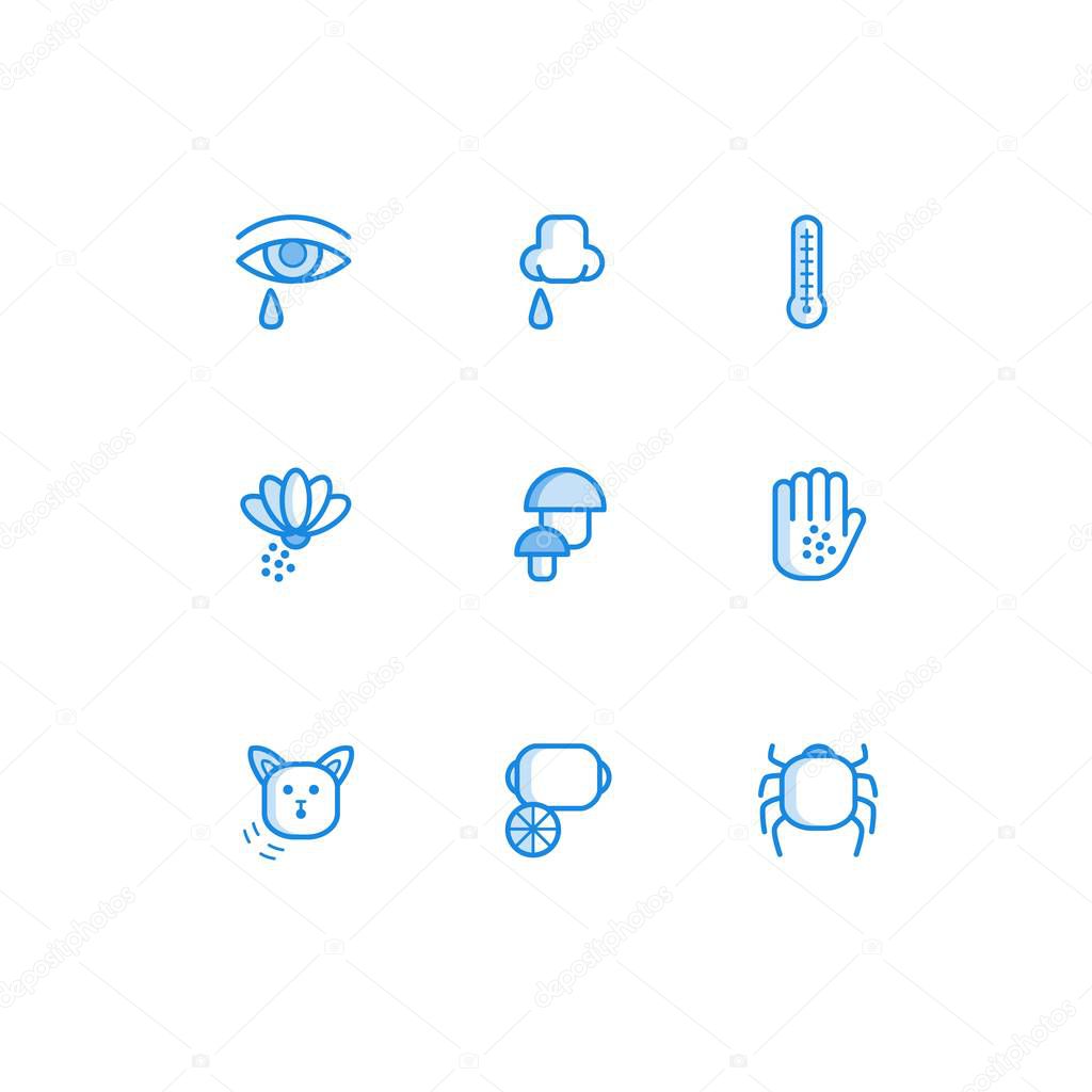 Allergy outline icons set with symptoms of disease and factors that cause body reaction.