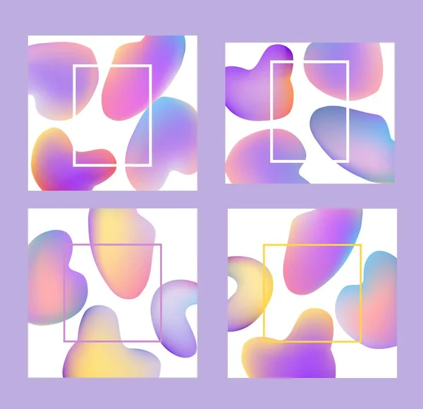 Conjunto de pancartas de degradado colorido - formas de color fluido abstracto de moda y burbujas sobre fondo blanco con marco . — Archivo Imágenes Vectoriales