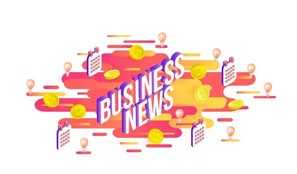 Business Nieuws isometrische tekstontwerp met teken, dollar munten en kalenders op abstracte achtergrond met kleurovergang. — Stockvector