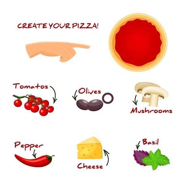 Haga su propio juego de pizza con ingredientes base de masa de pizza con salsa de tomate, diferentes verduras y queso — Archivo Imágenes Vectoriales