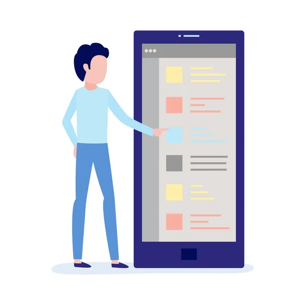 Using mobile application concept with young male character standing near big smartphone with touchscreen. — Stock Vector