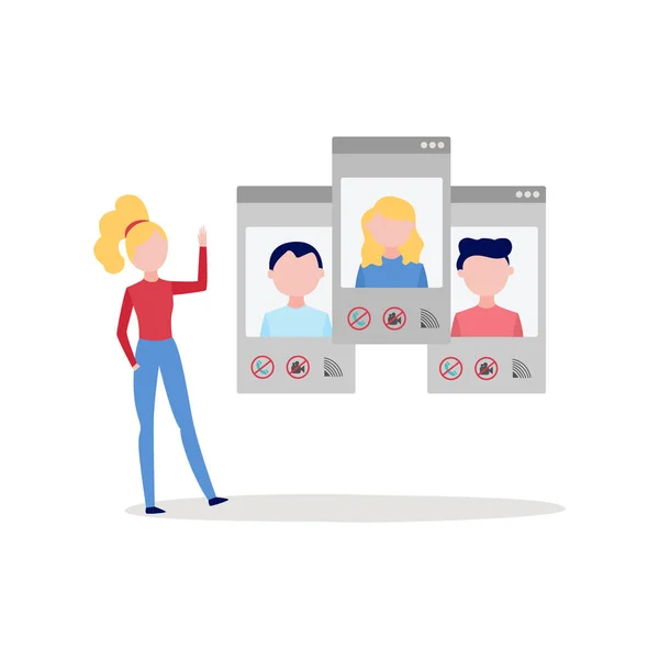 Online video-oproep chat conferentie met vrouw met behulp van smartphone schermen te converseren met groep mensen. — Stockvector