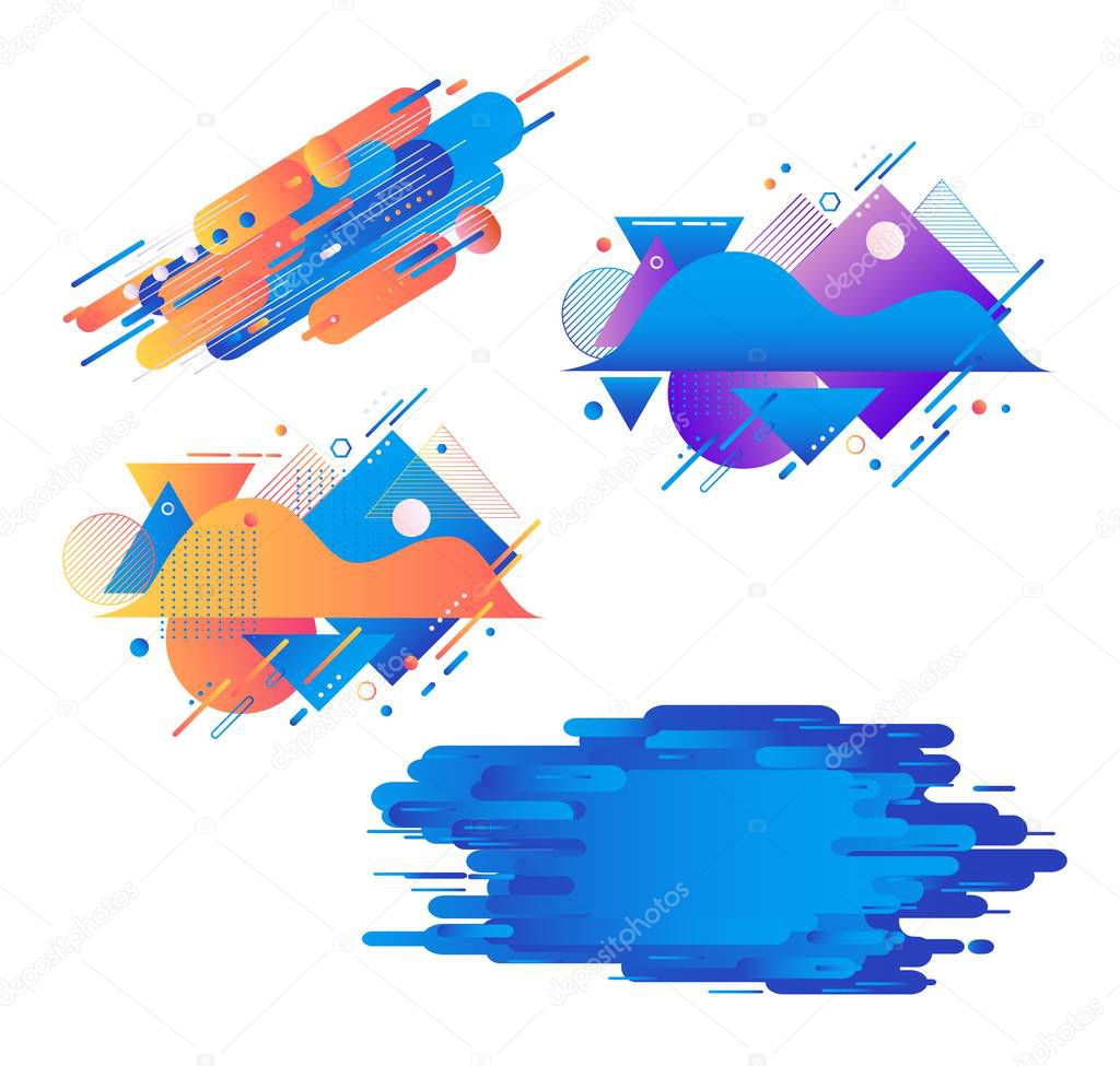 Gradient geometric banners set - fluid color abstract shapes stripes with textures isolated on white background.