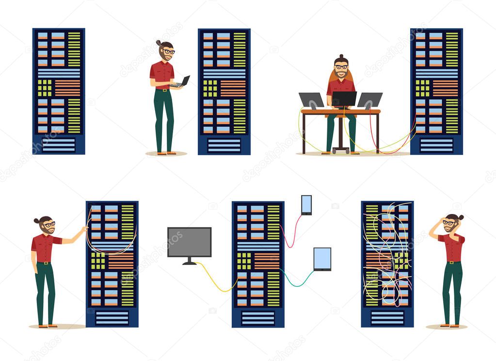 Set of server room images with data center and young system administrator.