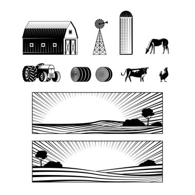 Farming and countryside set with farmland landscapes and various rural stuff and animals. clipart