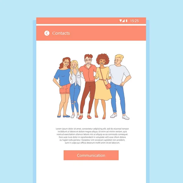 Diversity-Gruppe von Menschen umarmt - handgezeichnetes junges Team bleibt mit glücklichem Lächeln auf mobiler App-Vorlage zusammen. — Stockvektor