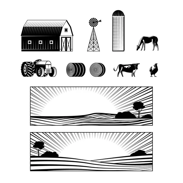 Jordbruk och landsbygden ligger med jordbruksmark landskap och olika landsbygdens saker och djur. — Stock vektor