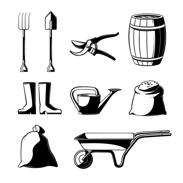 Conjunto de herramientas agrícolas y de jardinería aisladas sobre fondo blanco . — Archivo Imágenes Vectoriales