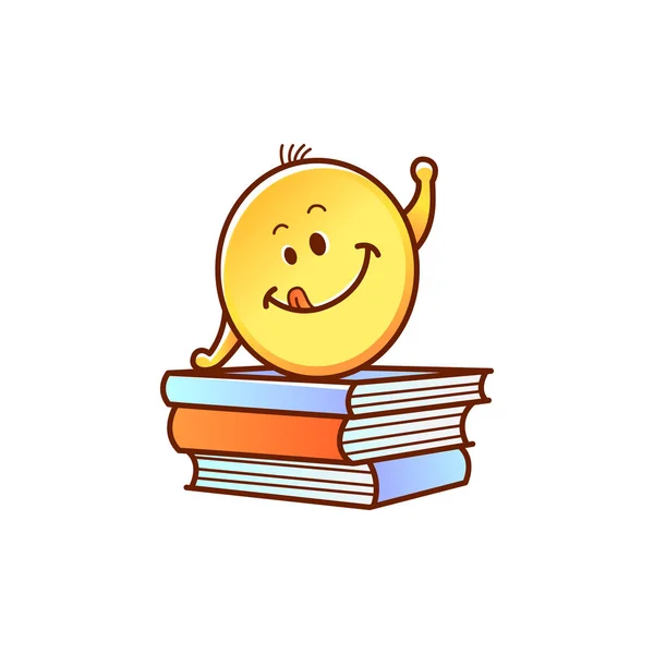 Smiley-Schulkind auf Bücherstapel, die Hand hochziehend isoliert auf weißem Hintergrund. — Stockvektor