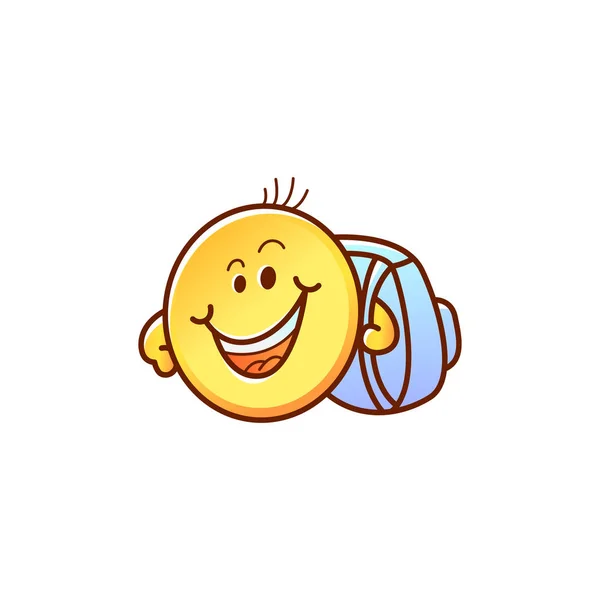 Estudante rosto sorridente com mochila - bonito feliz menino emoticon amarelo com saco escolar . —  Vetores de Stock