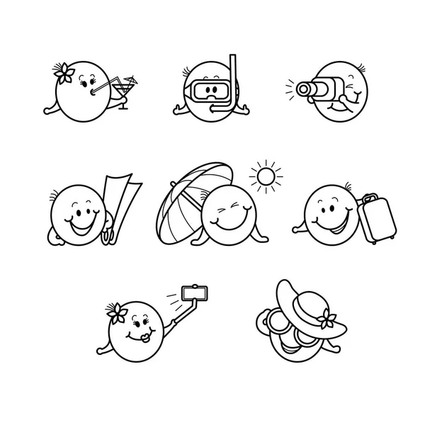 Summer beach vacation smiley set - emoticons with various face emotions and resort accessories. — Stock Vector