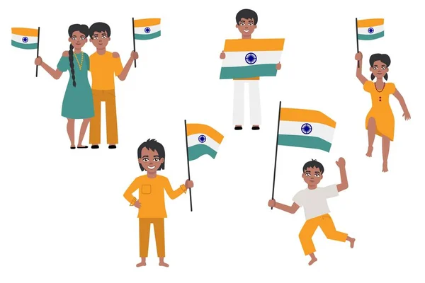 Indianos segurando e acenando bandeira indiana conjunto isolado no fundo branco . — Vetor de Stock
