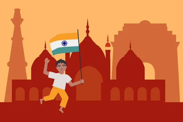 Niño indio sosteniendo y ondeando bandera tricolor nacional felizmente corre contra la India vista fondo . — Vector de stock