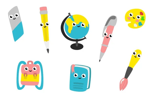 Vector cartoon cute school supplies characters set — Stock Vector