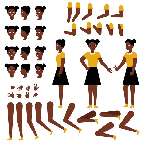 Teen African Girl Creation Set Various Body Parts Face Emotions — Stock Vector