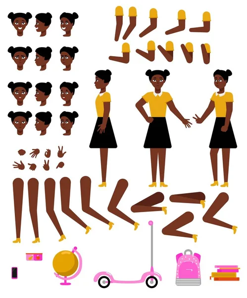 Kit de creación de niña africana estudiante con útiles escolares y varias partes del cuerpo, emociones faciales y gestos de la mano . — Archivo Imágenes Vectoriales